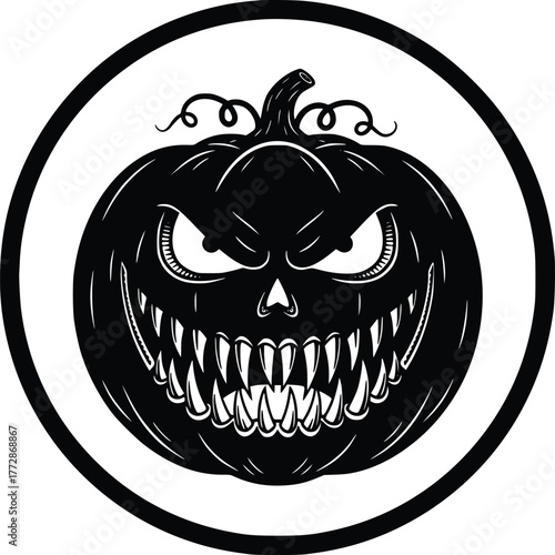 Scary Black Jack O Lantern Vector Icon in Circle Frame Halloween Pumpkin Illustration for Spooky Designs