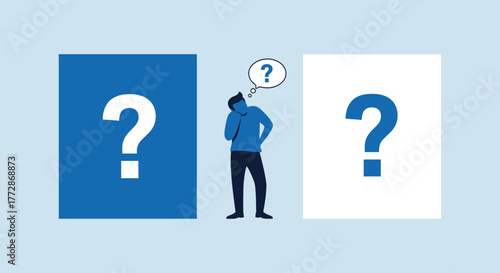 Confused person contemplating between two question marks, representing decision-making and uncertainty