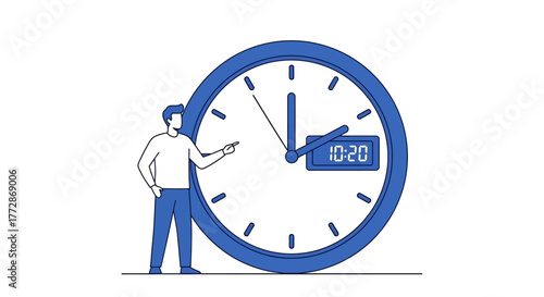 A man points to a large clock face, indicating the time on a digital display, symbolizing punctuality and time management
