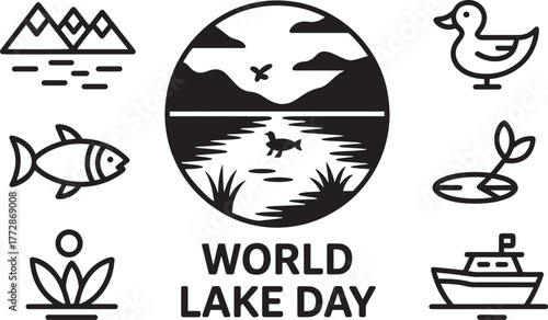 World Lake Day with lake landscape, duck, fish, lotus, boat, mountains icons