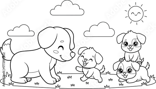 A heartwarming scene of a mother dog with her playful puppies in a sunny, cloudfilled landscape, radiating love and joy