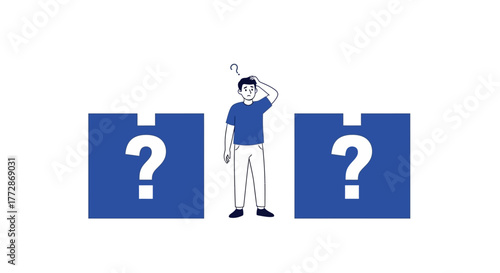 Confused person standing between two question mark boxes, contemplating a choice or dilemma