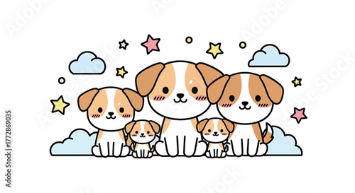A delightful gathering of adorable puppies with stars and clouds, creating a whimsical and heartwarming scene
