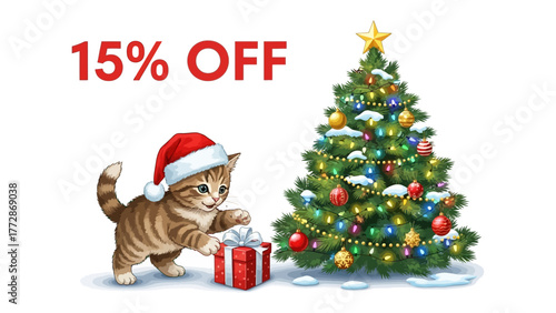 Festive Season Promotion: An adorable kitten adorned in a Santa hat, interacting with a Christmas gift, positioned alongside a vibrant Christmas tree with shimmering ornaments.