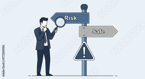 Navigating Uncertainty A Businessman Inspects a Signpost Offering a Choice Between Risk and Safety