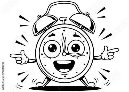 A cheerful, ringing alarm clock mascot pointing. Black and white vector line art, isolated for logos, coloring books, or deadline concepts.
