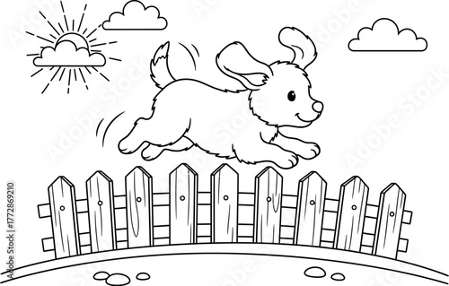 A cheerful puppy joyfully leaps over a wooden fence on a sunny day, with fluffy clouds dotting the sky