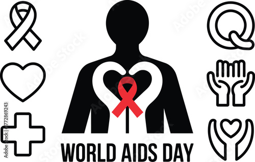 World AIDS Day HIV Awareness Celebration Red Ribbon Silhouette Human Body Icons Set