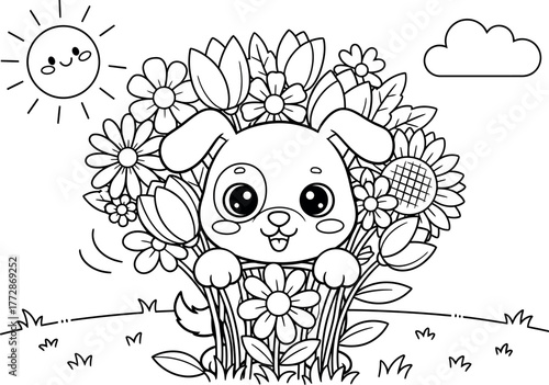 A cute puppy is surrounded by a vibrant array of flowers, with a smiling sun and a fluffy cloud adding to the cheerful scene