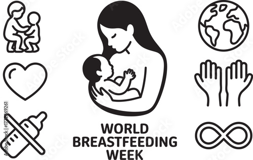 World Breastfeeding Week mother baby heart bottle infinity globe hands icons