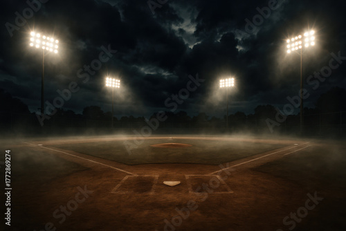 Dramatic empty baseball field at night under bright stadium light. misty atmosphere on ground creates feeling of suspense and anticipation before game