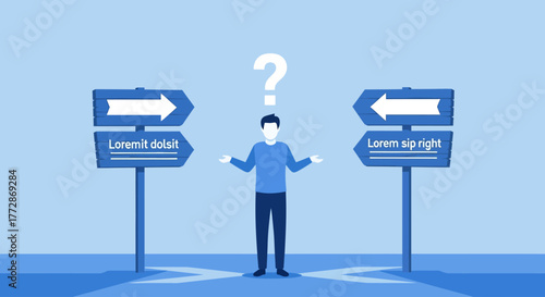 Man standing at a crossroads, looking confused with two signs pointing in opposite directions and a question mark overhead