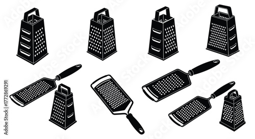 Collection of various cheese graters, kitchen utensil for shredding food ingredients