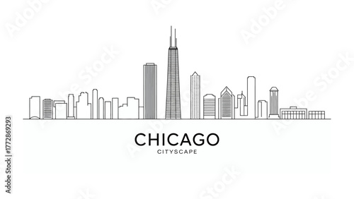 Chicago Skyline: An elegant skyline of Chicago, a symbol of urban dynamism, captured through a sophisticated linear illustration, portraying the architectural essence of the city.