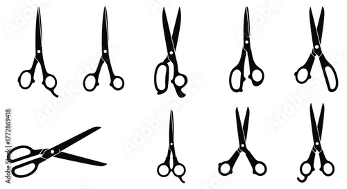 Collection of black scissor silhouettes, featuring various shapes and styles for cutting and crafting