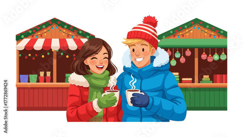 Winter's Embrace: A couple shares a warm moment at a Christmas market, sipping hot drinks and smiling amidst festive stalls, their bond enhanced by the winter atmosphere.