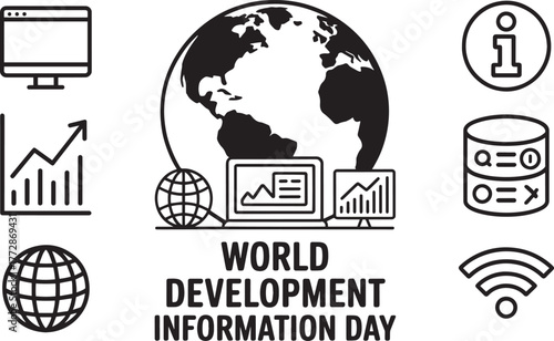 World Development Information Day globe computers data graphs vector illustration