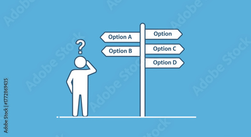 A confused person stands at a crossroads, contemplating different choices represented by signs pointing in various directions