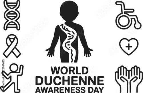 World Duchenne Awareness Day with patient, DNA, wheelchair and supportive icons