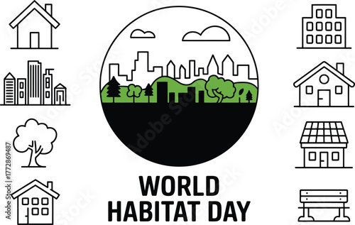 World Habitat Day greeting with house icons. Urban and nature landscape outline concept