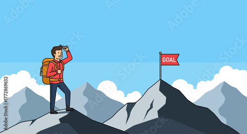 Man with backpack looking through binoculars on mountain peak with goal flag