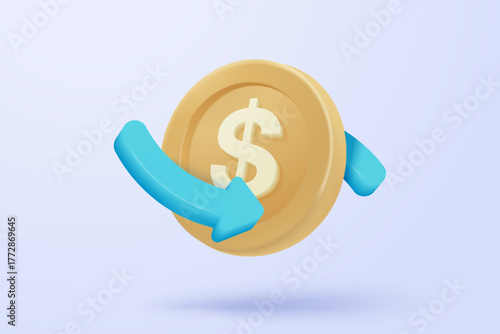 3D money coin transfer with concept of finance and investment, online payment concept, bundles cash and floating coins exchange. cashless society concept in 3d money icon vector rendering illustration