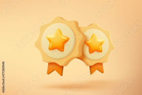 3d winner medal with star and ribbon on pastel yellow background. Quality guarantee of product champion award with cartoon minimal style. 3d graphics medal rating icon vector rendering illustration