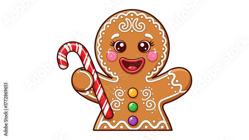 Cheerful Gingerbread man with Candy Cane: A delightful, animated gingerbread man, smiles joyfully while holding a festive candy cane, creating a heartwarming scene of festive joy. 