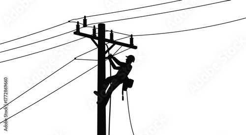 Utility worker silhouette climbing power pole with safety harness, electrical maintenance repair lines, dangerous job, energy infrastructure, lineman safety equipment, 
