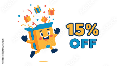 Discount Delight: A cheerful cartoon box with gifts, showcasing a special 15% OFF offer, creating an eye-catching promotion for shopping and deals.