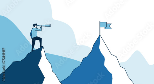 Illustration of a man looking through a telescope on a mountain peak, symbolizing vision and achievement, with a flag on another peak representing a goal