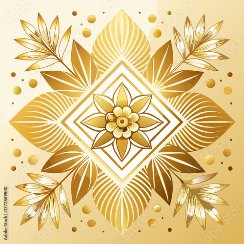 Golden Square Floral Pattern with Leaves and Dots vector