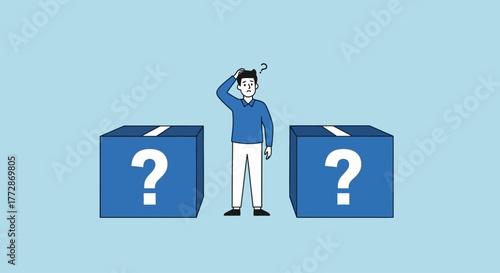 A confused man stands between two boxes with question marks, unsure of which to choose