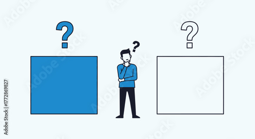 A person pondering between two choices, represented by a blue square and a white square, under question marks