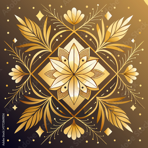 Golden Symmetrical Mandala with Floral Accents geometric