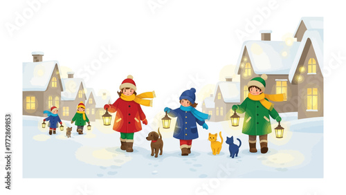 Winter Wonderland Stroll: A group of children, bundled up against the cold, joyfully stroll through a snow-covered town, each carrying a lantern that illuminates their path.