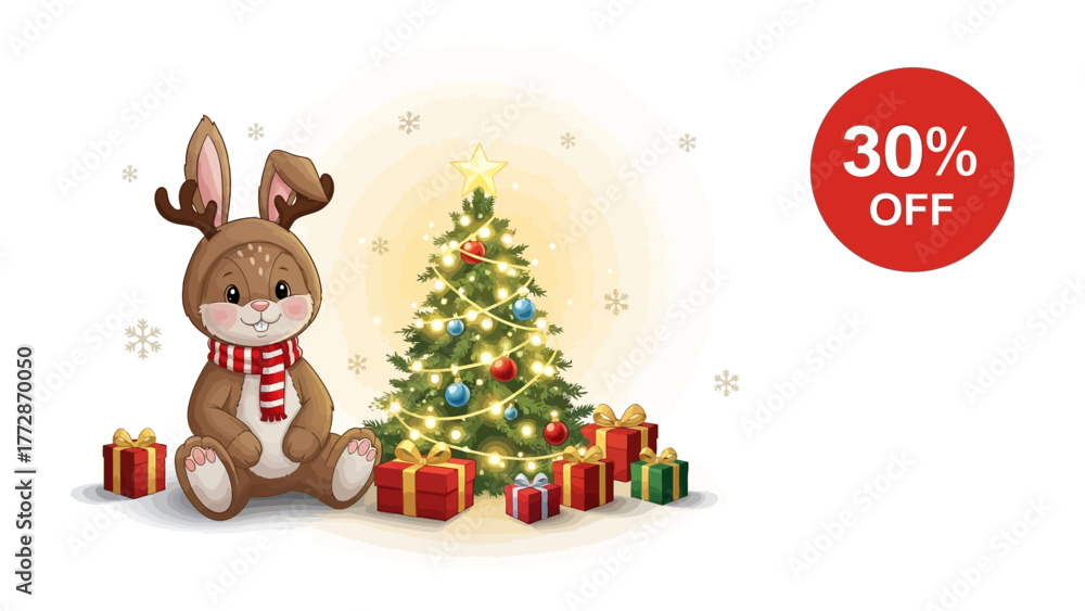 Fototapeta premium Holiday Cheer and Discount: Adorable rabbit dressed in a reindeer costume sitting next to a Christmas tree surrounded by festive gifts, creating a joyful seasonal scene, along with a discount icon.