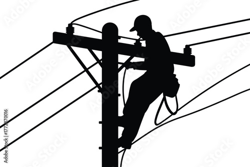 Silhouette utility worker climbing pole, electrical lineman safety harness, power line maintenance repair, dangerous job electricity infrastructure, energy distribution service, 