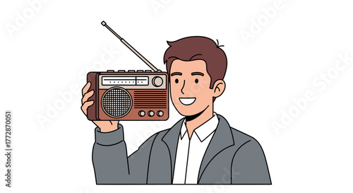 Man Holding an Old Fashioned Radio with Antenna Up