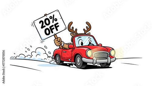 Seasonal Sale Drive: A festive reindeer cheerfully steers a classic red car, showcasing a 20% OFF sign against a snowy backdrop, promising merry discounts.