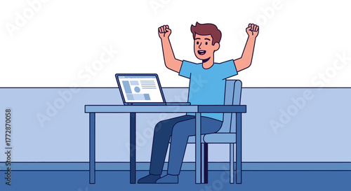 Excited young man celebrates at his desk with a laptop, conveying achievement and success