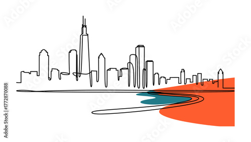 Cityscape Minimalism: A contemporary line art illustration of an urban skyline, embodying modern architecture and design with a minimalist aesthetic and vibrant abstract elements.