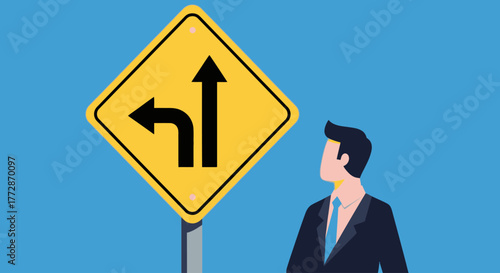 Business decision, making a choice, choosing a direction, forward or left turn
