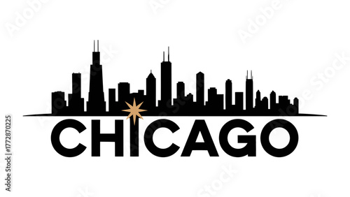 Chicago Skyline Silhouette: Iconic skyscrapers and buildings define the majestic silhouette of the dynamic urban cityscape, under the star. A symbol of ambition and the American dream.