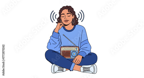 A young woman with closed eyes enjoys listening to music from a retro radio, symbolizing relaxation and personal enjoyment