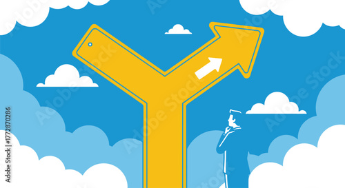 A person contemplates a fork in the road, symbolizing choice and decision-making with a directional sign against a cloudy sky