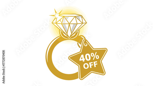 Sparkling Gem & Deal: A radiant diamond ring, accented by a star-shaped tag displaying 40% OFF, symbolizes value, and elegance. The design radiates opulence and allure. 