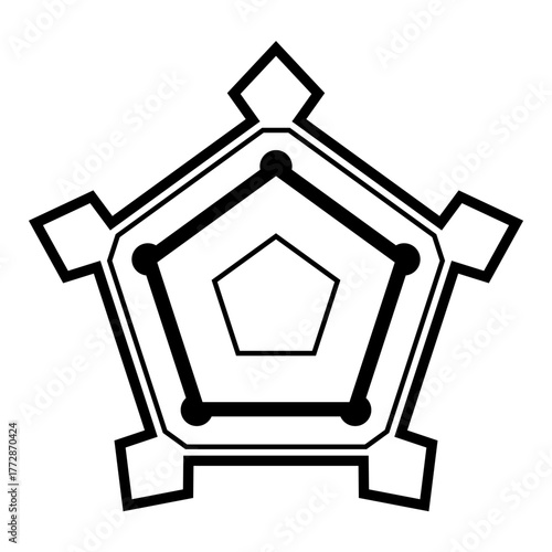 Pentagon shaped star fort. Basic pattern of a pentagonal bastion fort, with triangular fortifications. Can be found at Fort Belgica, from Dutch colonial era, in Banda Neira, Banda Islands, Indonesia.