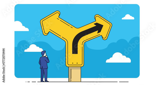 Man contemplating a crossroads sign indicating a divergence of paths, symbolizing decision-making and choices