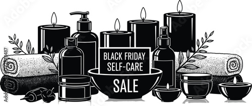 Black Friday self-care sale with candles, towels, and lotions for a relaxing spa day at home high-quality editable EPS vector file